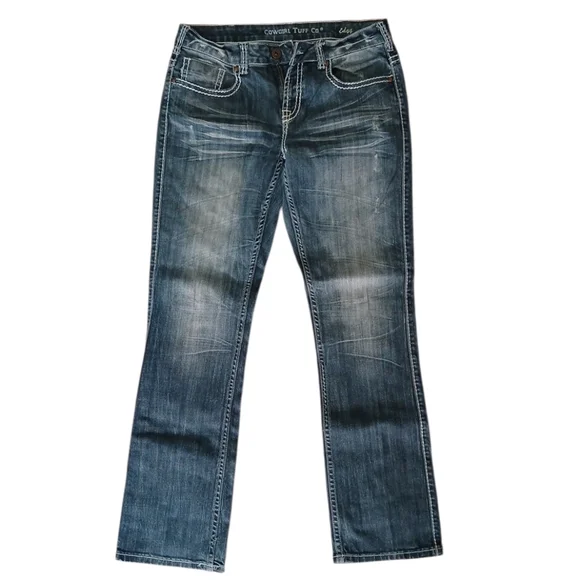 Cowgirl Tuff Co Edgy Denim Barbwire Back Pocket Design Jeans 31/33 Women - Picture 3 of 6